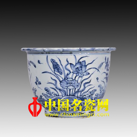 中國名瓷網(wǎng) 明成化-弘治 青花“一堂和氣”圖花盆