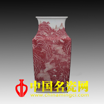 中國名瓷網(wǎng) 清道光 釉里紅“漁樵耕讀”紋方瓶
