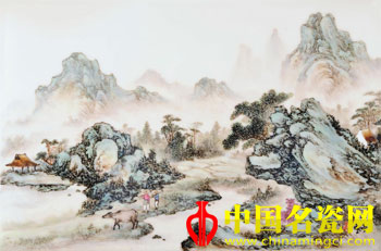 粉彩山水人物瓷板畫