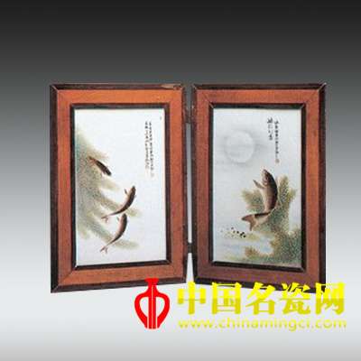鄧碧孫 粉彩魚藻圖瓷板（一對）