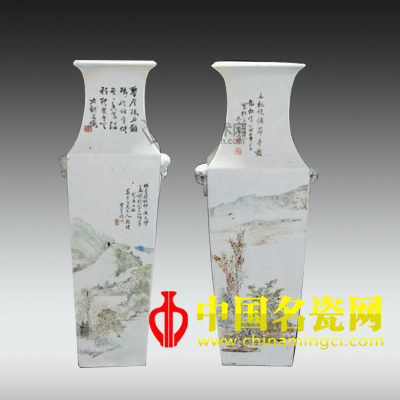 淺降彩書畫集錦獸耳四方大瓶