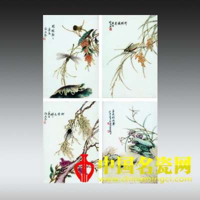 劉雨岑畫(huà)四季草蟲(chóng)瓷板四塊