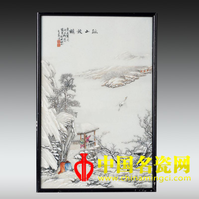 孤山放鶴 粉彩瓷板
