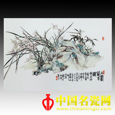 陸如 粉彩石壽蘭花圖瓷板