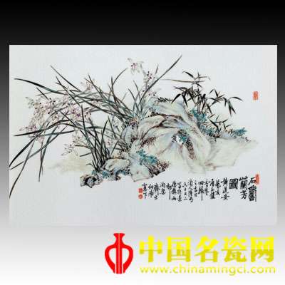 陸如 粉彩石壽蘭花圖瓷板