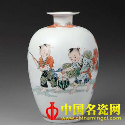 李磊穎 嬰戲圖　古彩瓷瓶