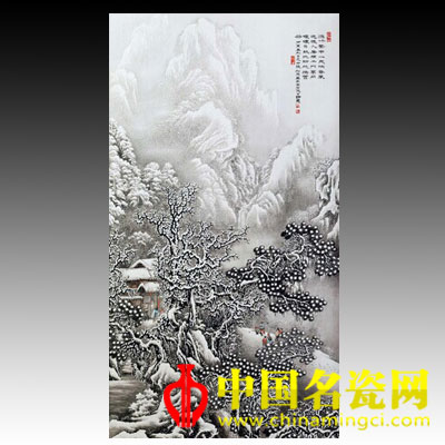 張松茂 粉彩瑞雪迎春圖瓷板 