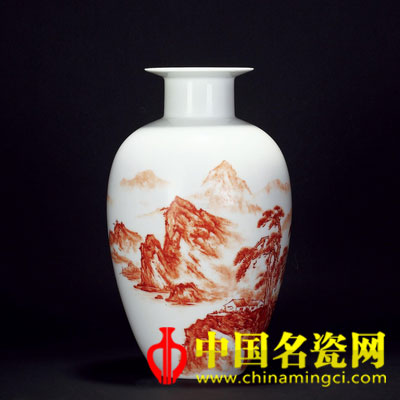 汪桂英 紅彩《柳絲拂岸》山水瓶
