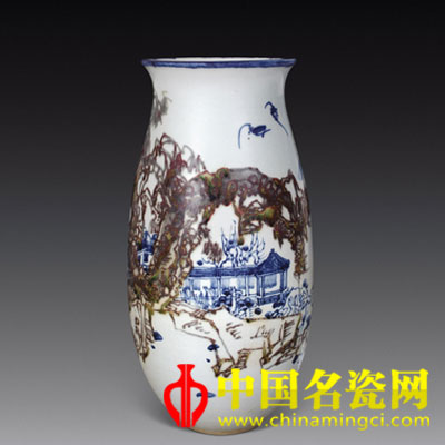 邱含 青花釉里紅《湖光山色》
