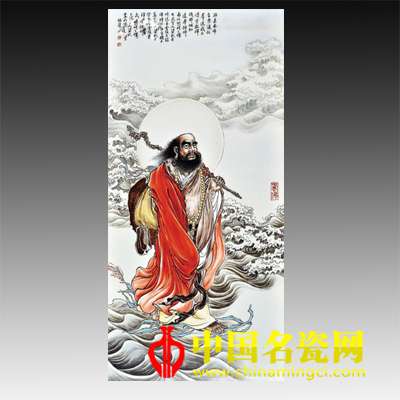 江振聲“達摩東渡”粉彩瓷板
