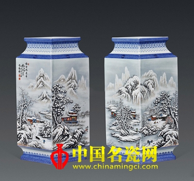 袁世文“瑞雪兆豐年”粉彩瓷瓶