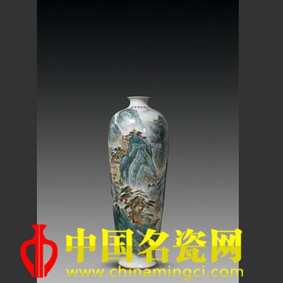 楊德貴 粉彩山水梅瓶