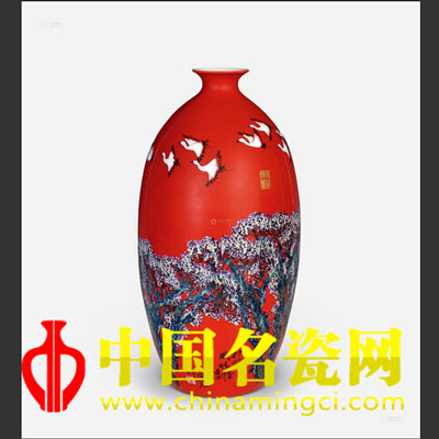 寧勤征 高溫中華紅顏色釉“秋鶴風情”瓷瓶