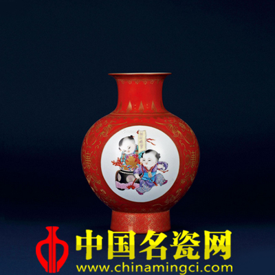 張中聞 吉慶童子珊瑚紅開光燈籠瓶