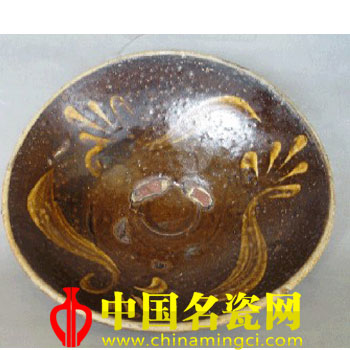 琉璃廠窯醬黑釉黃色彩繪盆
