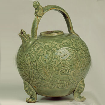 宜陽窯刻花提梁獸首三足壺
